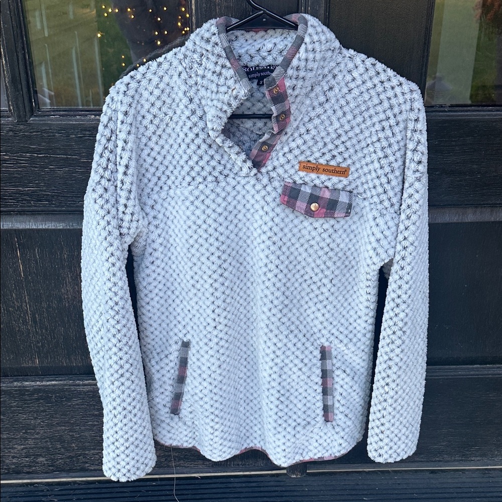 Simply Southern gray Textured Pullover with Plaid Accents